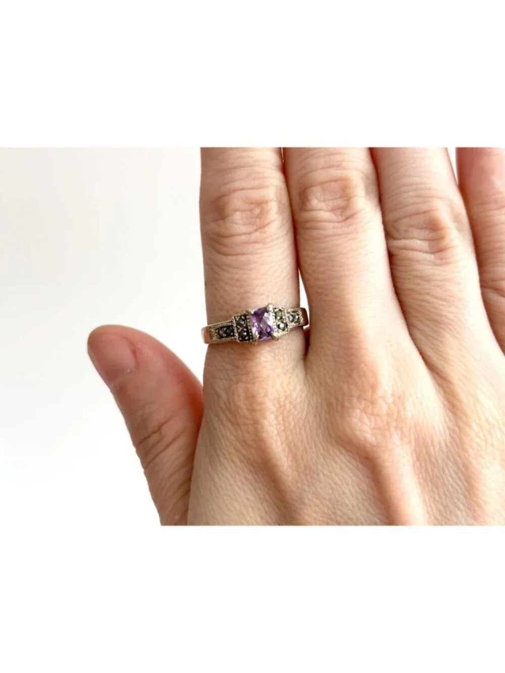 Art Deco Amethyst Gemstone Marcasite Sterling Silver 925 Vintage Ring - sz 9